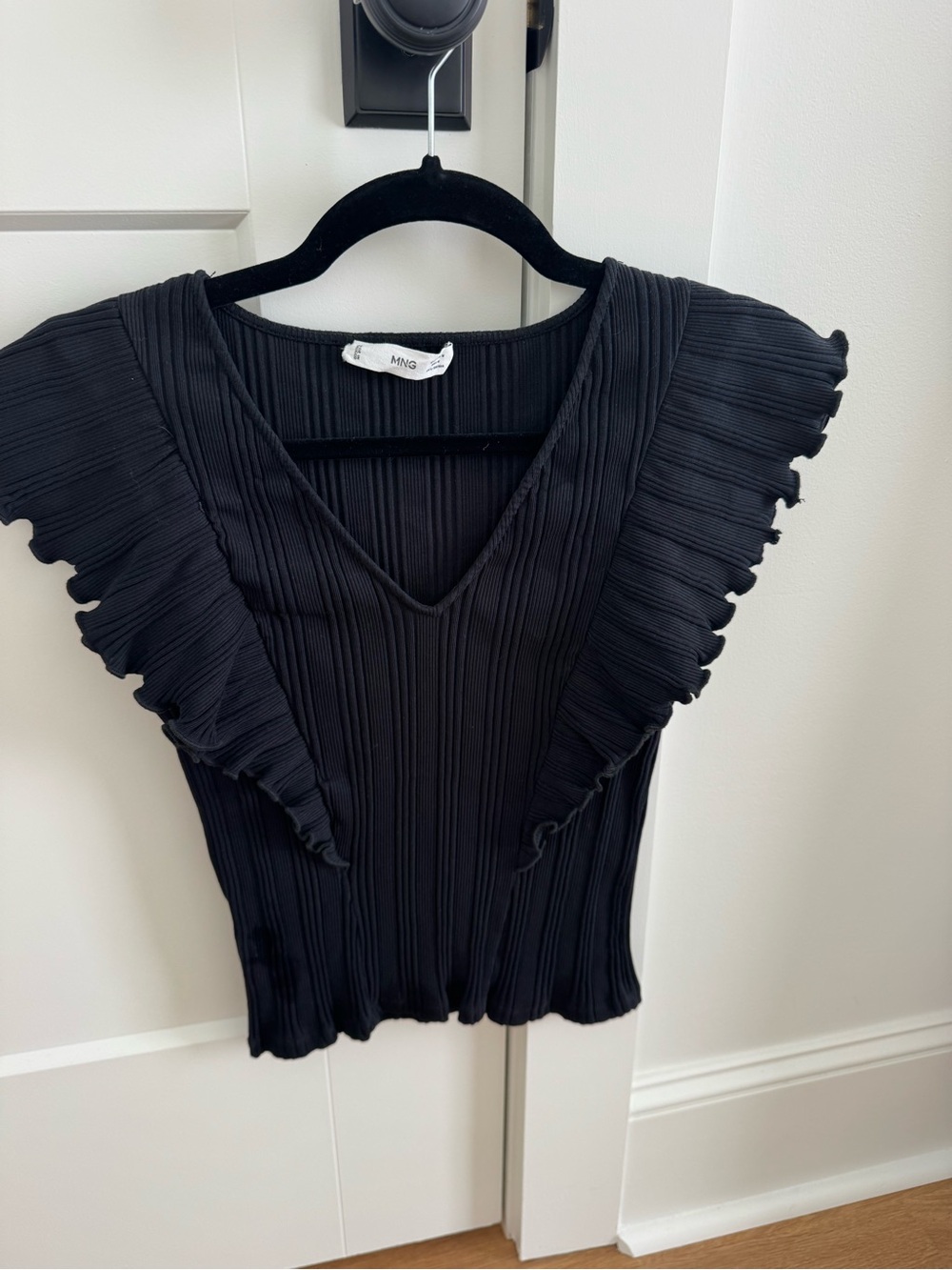 MANGO Black Ribbed V-Neck Ruffle Sleeve Tank